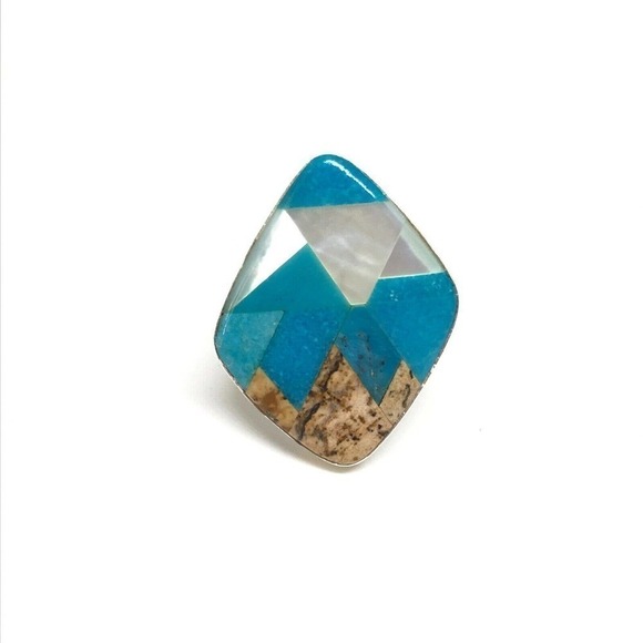 Jay King Vintage 925 Sterling Silver Turquoise Mother Of Pearl Ring Size 10 - Picture 7 of 8